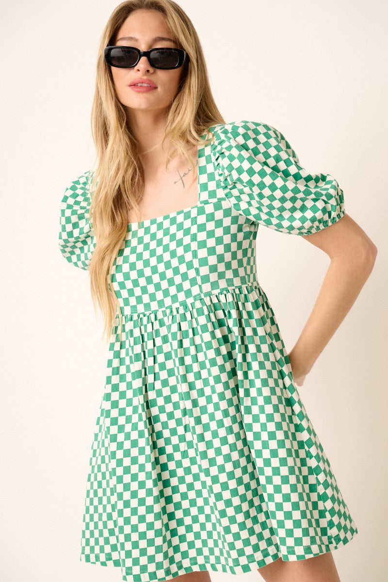 Checkered Print Puff Sleeve Babydoll Mini Dress