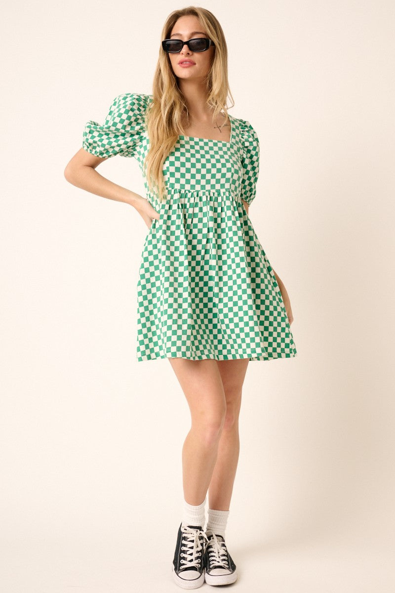 Checkered Print Puff Sleeve Babydoll Mini Dress