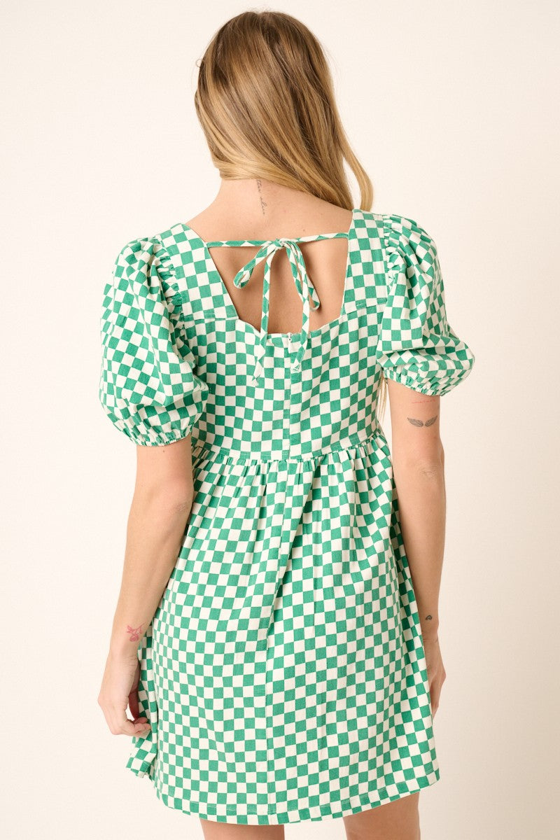 Checkered Print Puff Sleeve Babydoll Mini Dress
