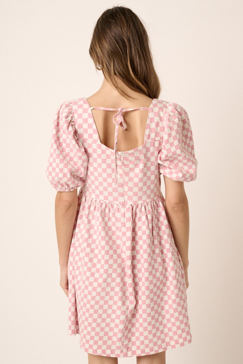 Checkered Print Puff Sleeve Babydoll Mini Dress