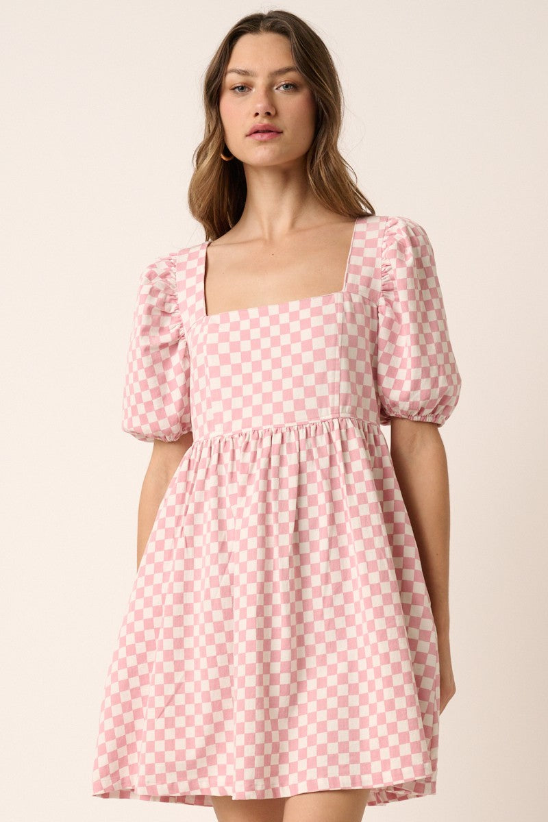 Checkered Print Puff Sleeve Babydoll Mini Dress