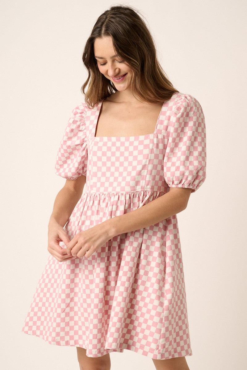Checkered Print Puff Sleeve Babydoll Mini Dress