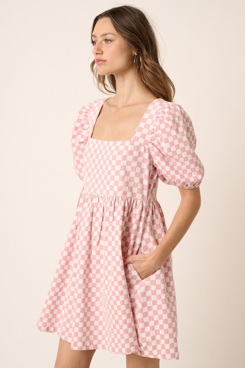 Checkered Print Puff Sleeve Babydoll Mini Dress