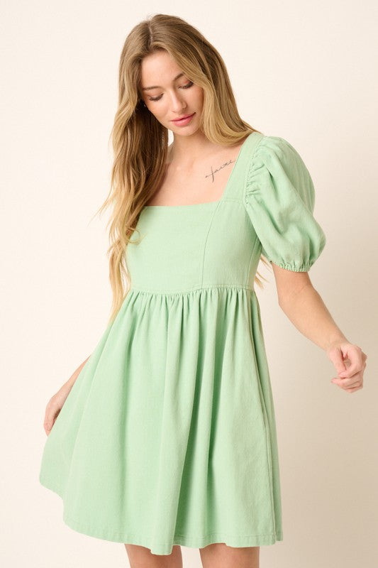 Washed Denim Puff Sleeve Babydoll Mini Dress