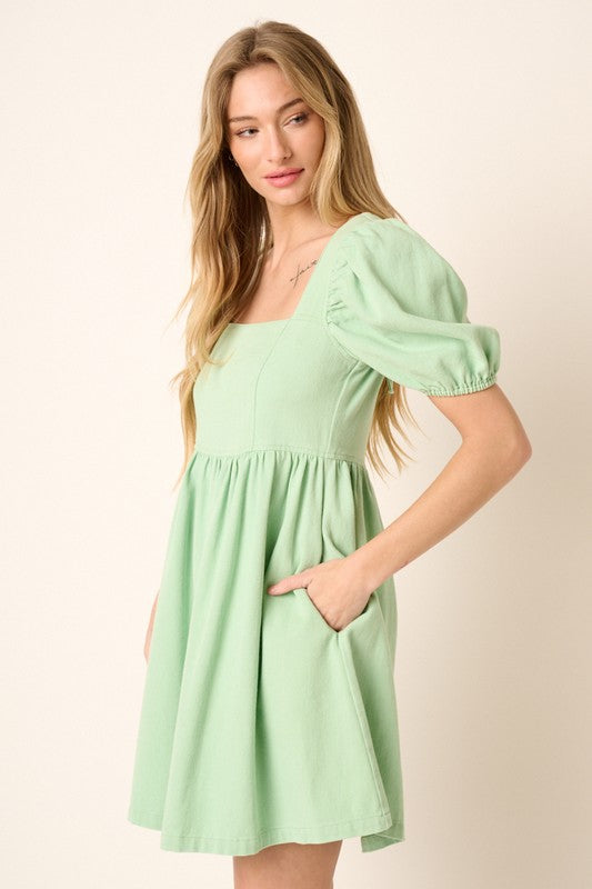 Washed Denim Puff Sleeve Babydoll Mini Dress