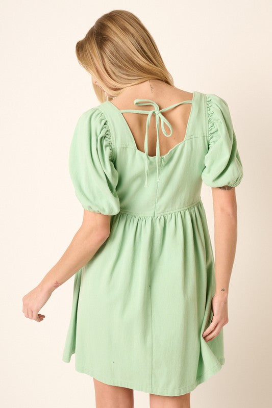 Washed Denim Puff Sleeve Babydoll Mini Dress