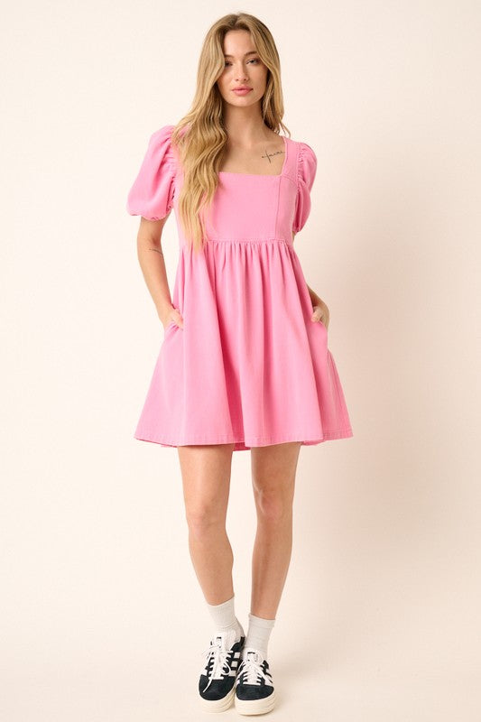 Washed Denim Puff Sleeve Babydoll Mini Dress
