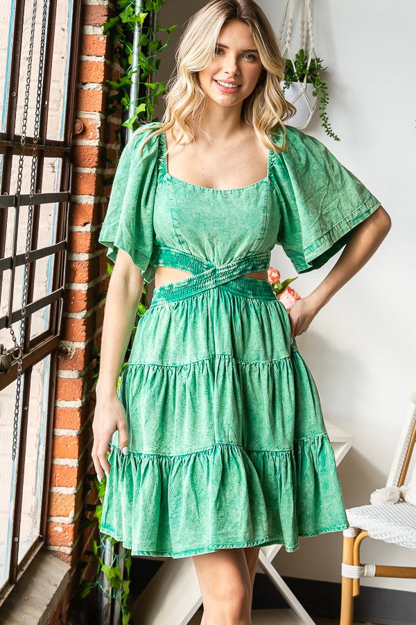 Washed Cross Cut Out Tiered Mini Dress