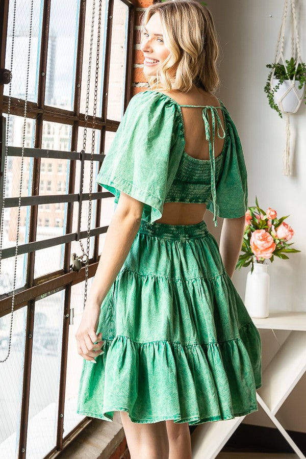 Washed Cross Cut Out Tiered Mini Dress