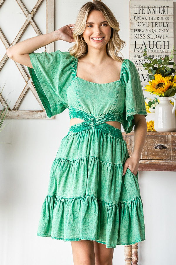 Washed Cross Cut Out Tiered Mini Dress