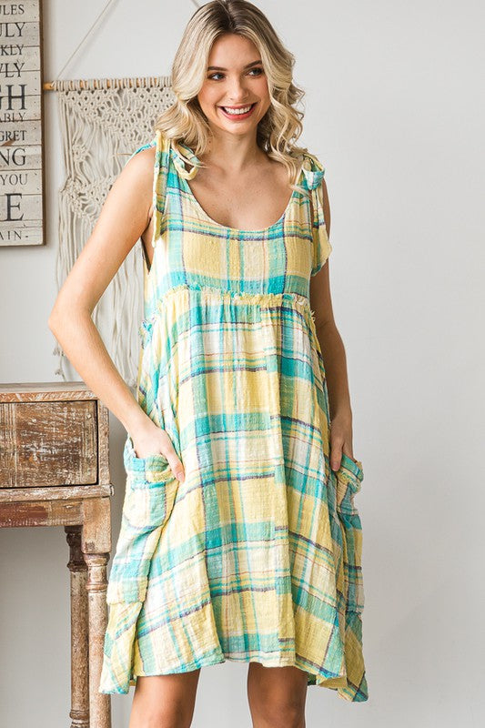 Mineral Washed Plaid Baby Doll Dress