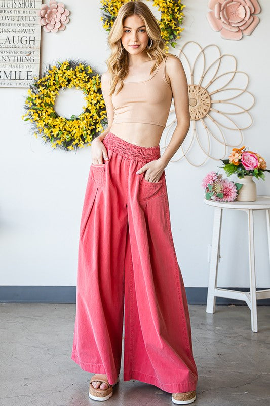 Washed Pleated Flare Pants