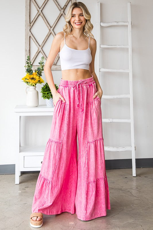 Mineral Washed Tiered Wide Leg Pants