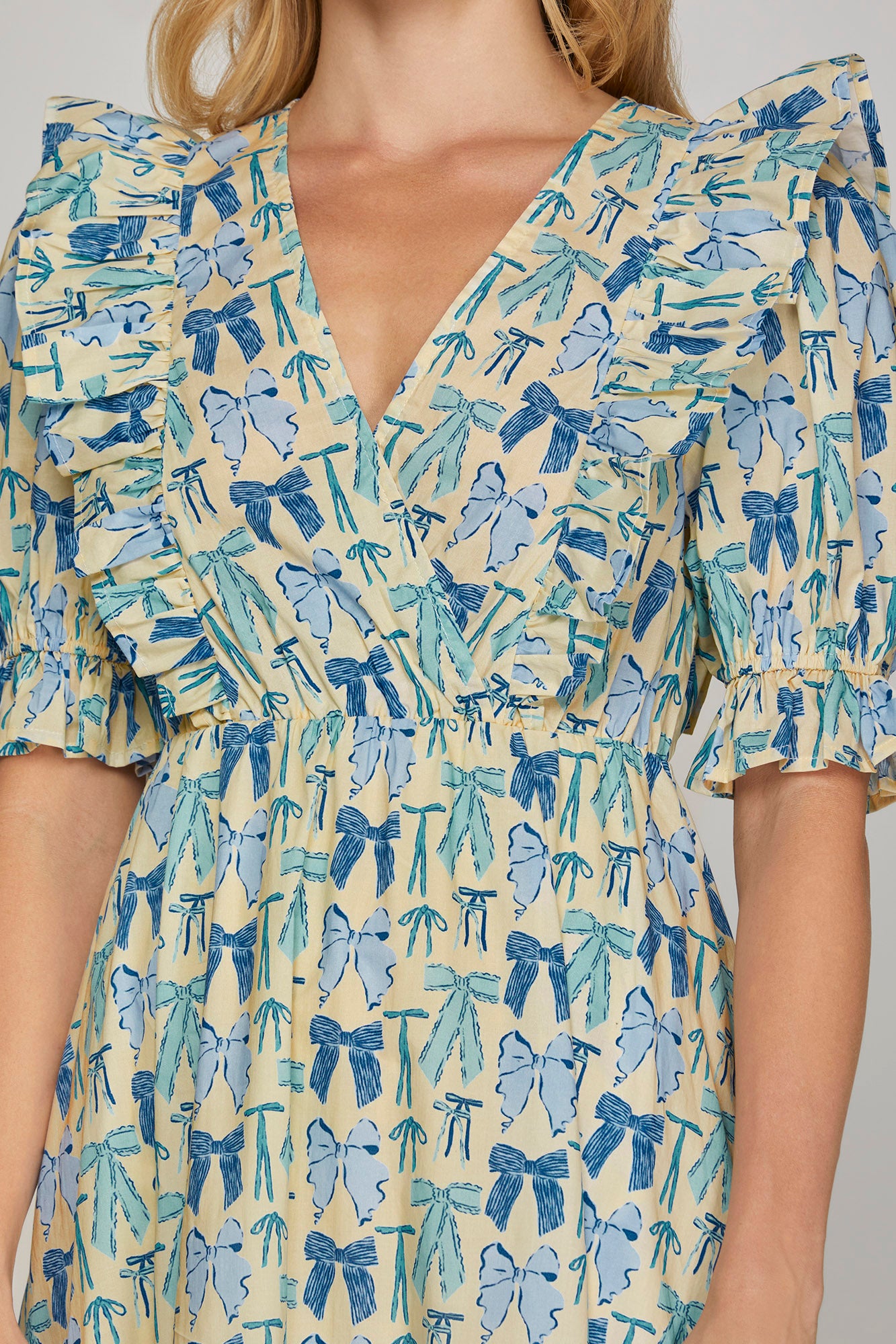 Blue Bow Printed Ruffle Midi Dress
