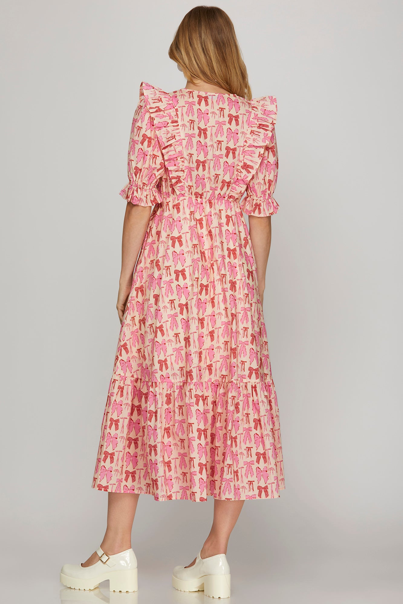 Blue Bow Printed Ruffle Midi Dress