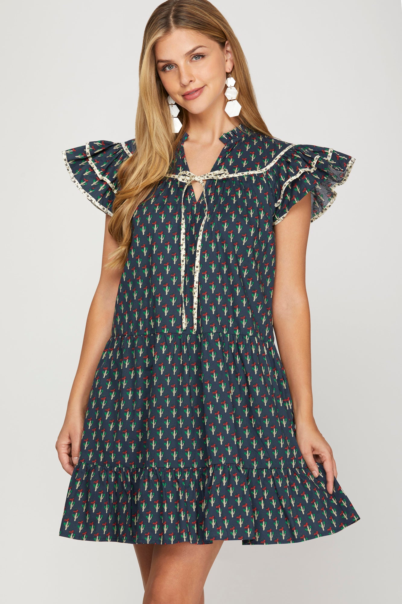Floral Print Ruffle Sleeve Mini Dress