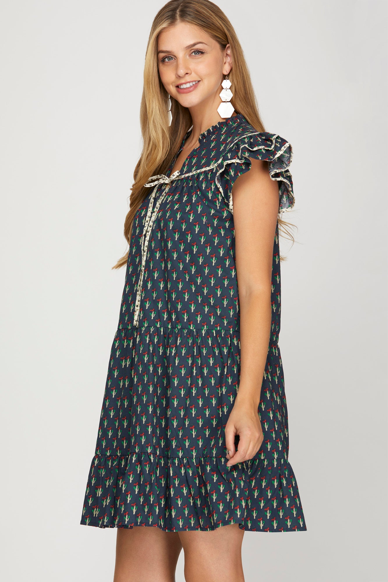 Floral Print Ruffle Sleeve Mini Dress