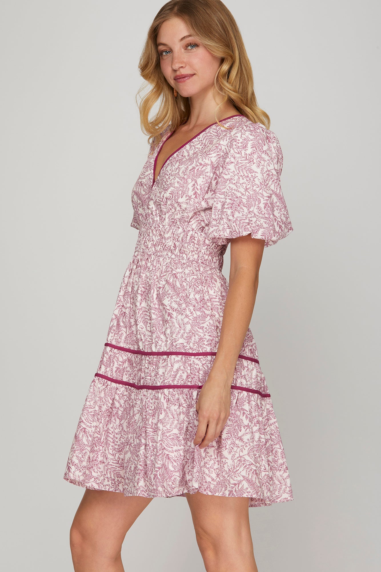 Puff Sleeve Elastic Waist Woven Print Tiered Dress
