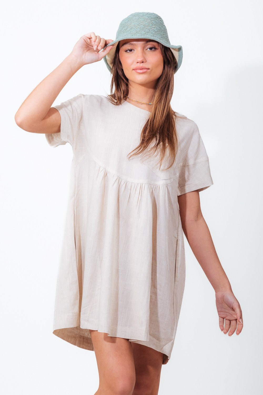Short Sleeve Solid Woven Mini Dress