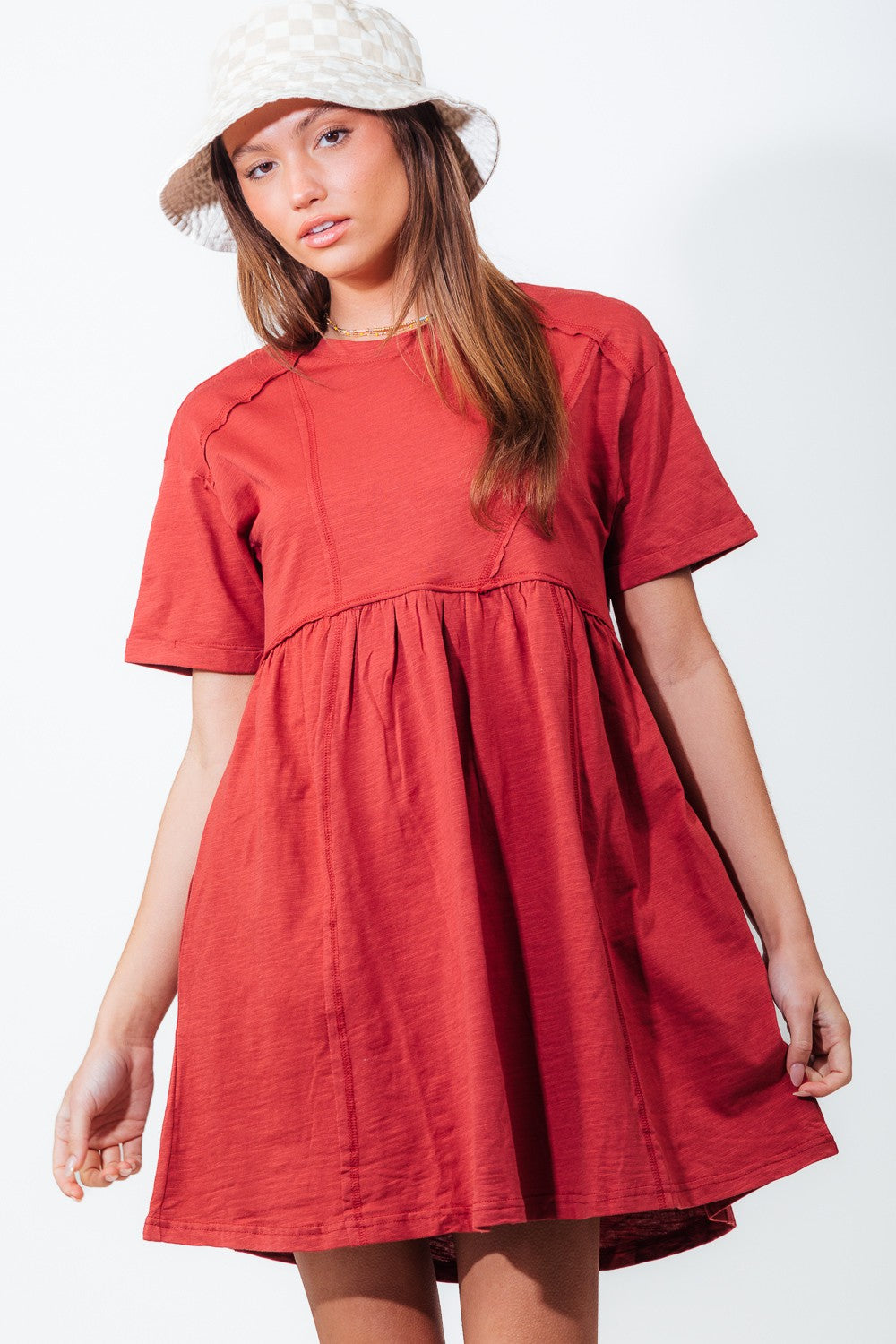 Stitch Detail Rollup Sleeve Comfy Dress