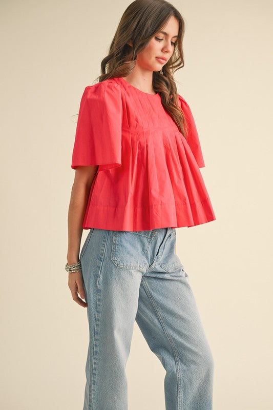 Cropped Pleated Short Sleeve Top