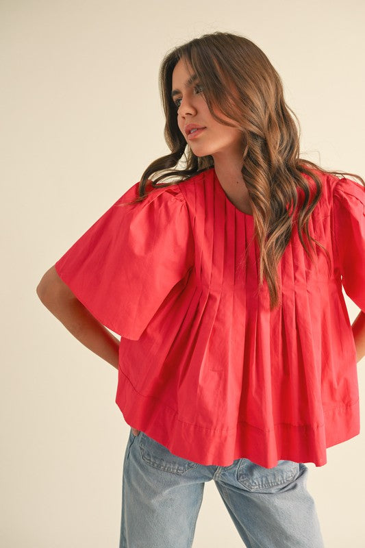 Cropped Pleated Short Sleeve Top