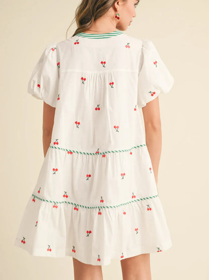 Fruit Embroidery Puff Sleeve Mini Dress