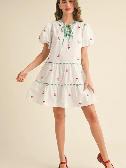 Fruit Embroidery Puff Sleeve Mini Dress