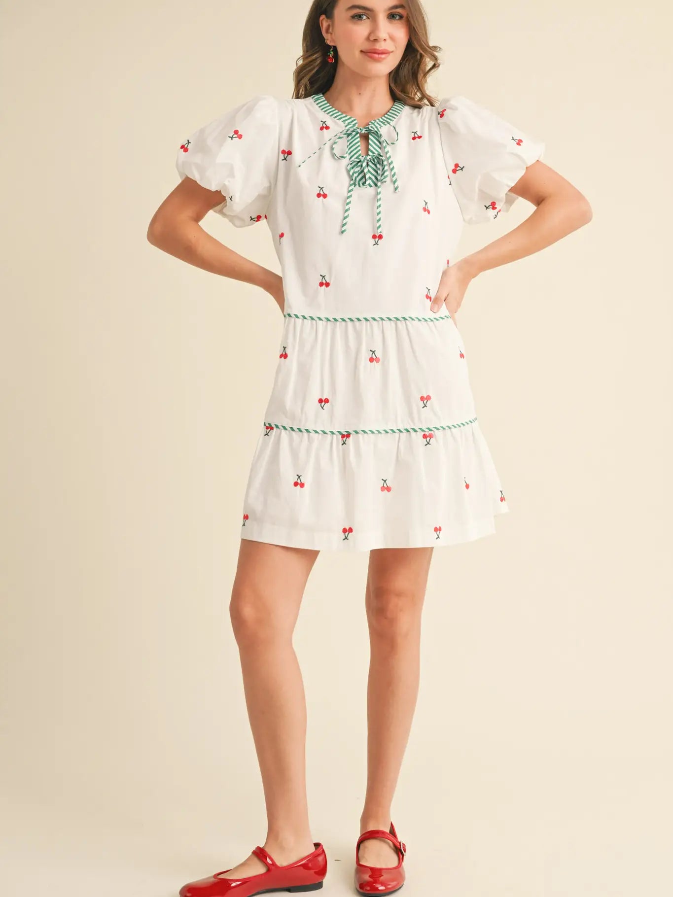 Fruit Embroidery Puff Sleeve Mini Dress
