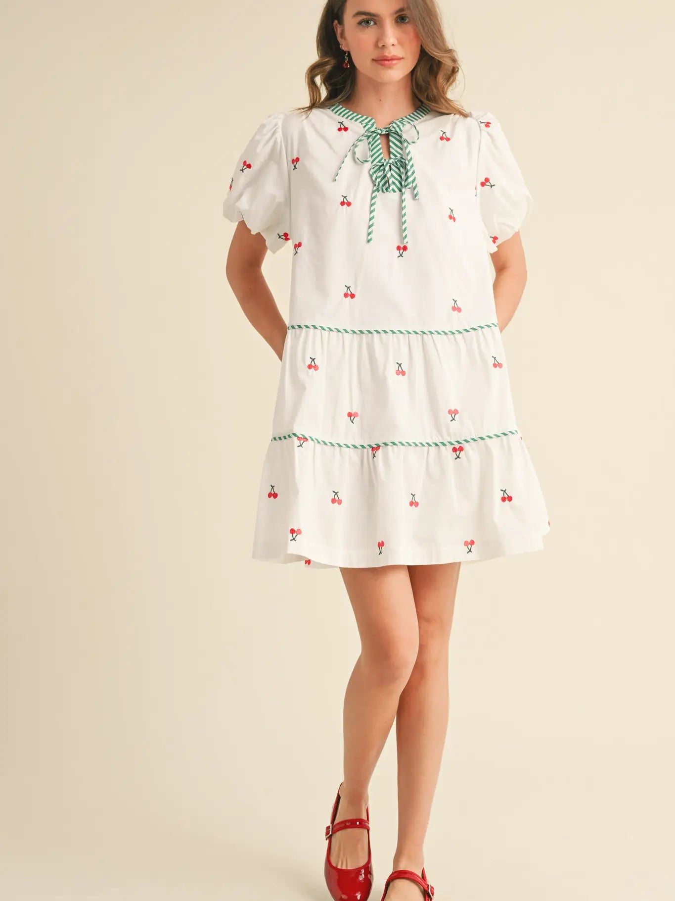 Fruit Embroidery Puff Sleeve Mini Dress