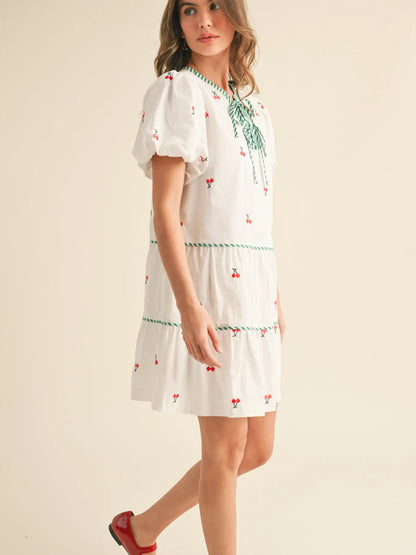 Fruit Embroidery Puff Sleeve Mini Dress