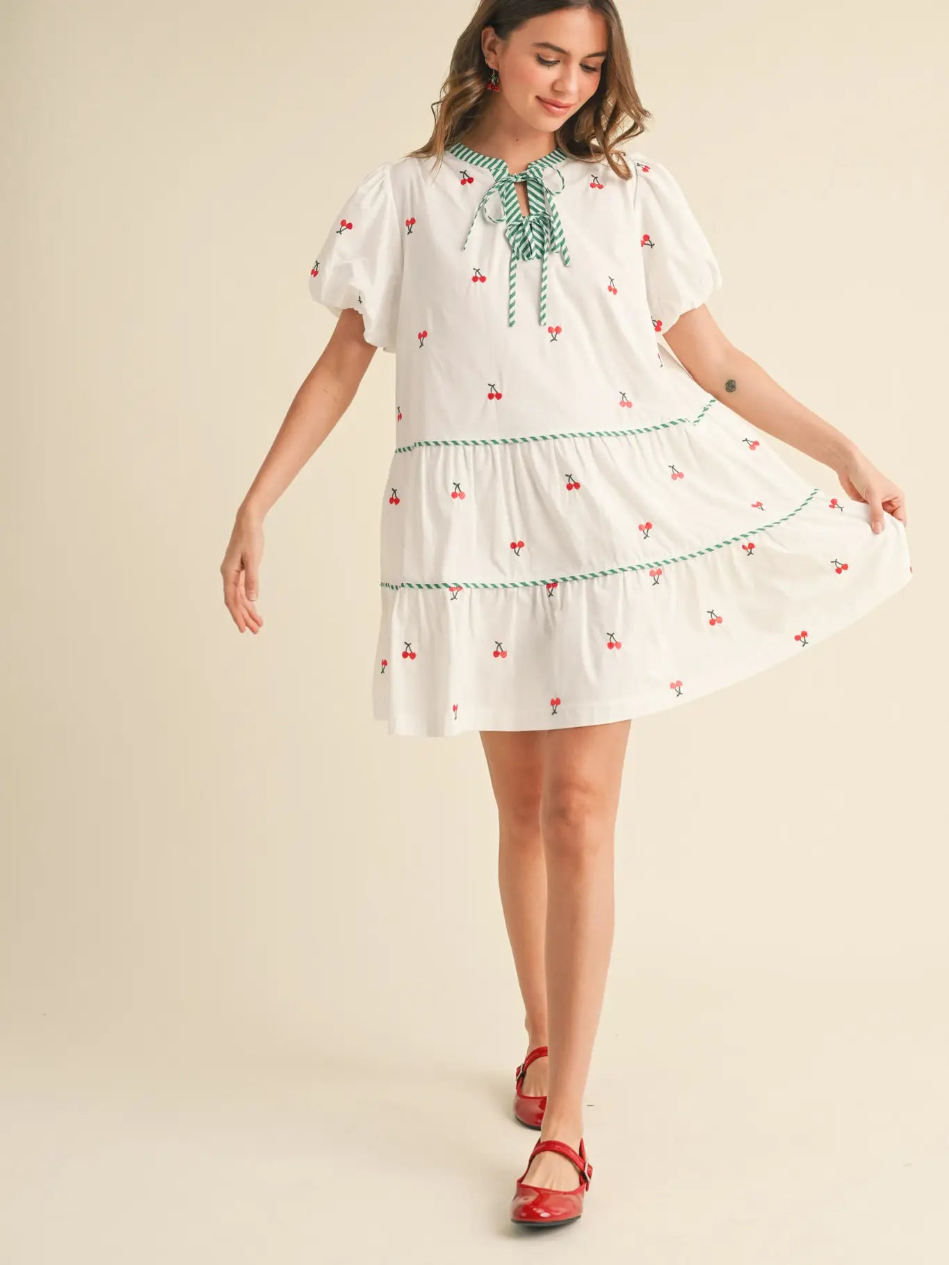 Fruit Embroidery Puff Sleeve Mini Dress