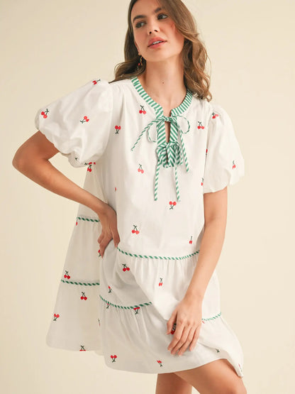 Fruit Embroidery Puff Sleeve Mini Dress