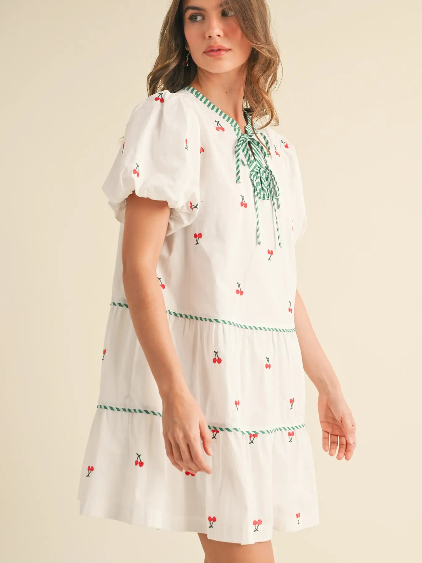 Fruit Embroidery Puff Sleeve Mini Dress