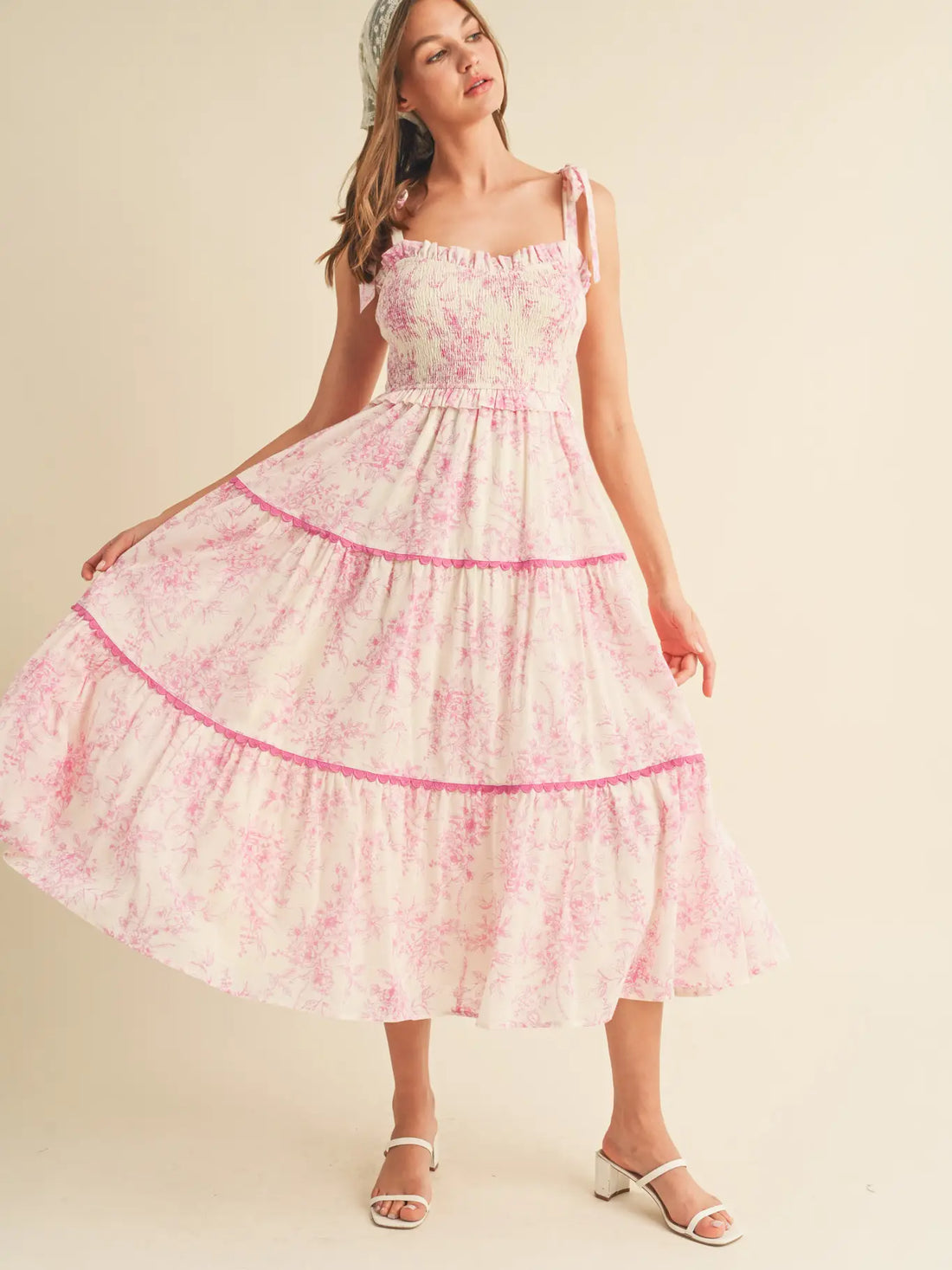 Tiered Lace Trim Floral Midi Dress