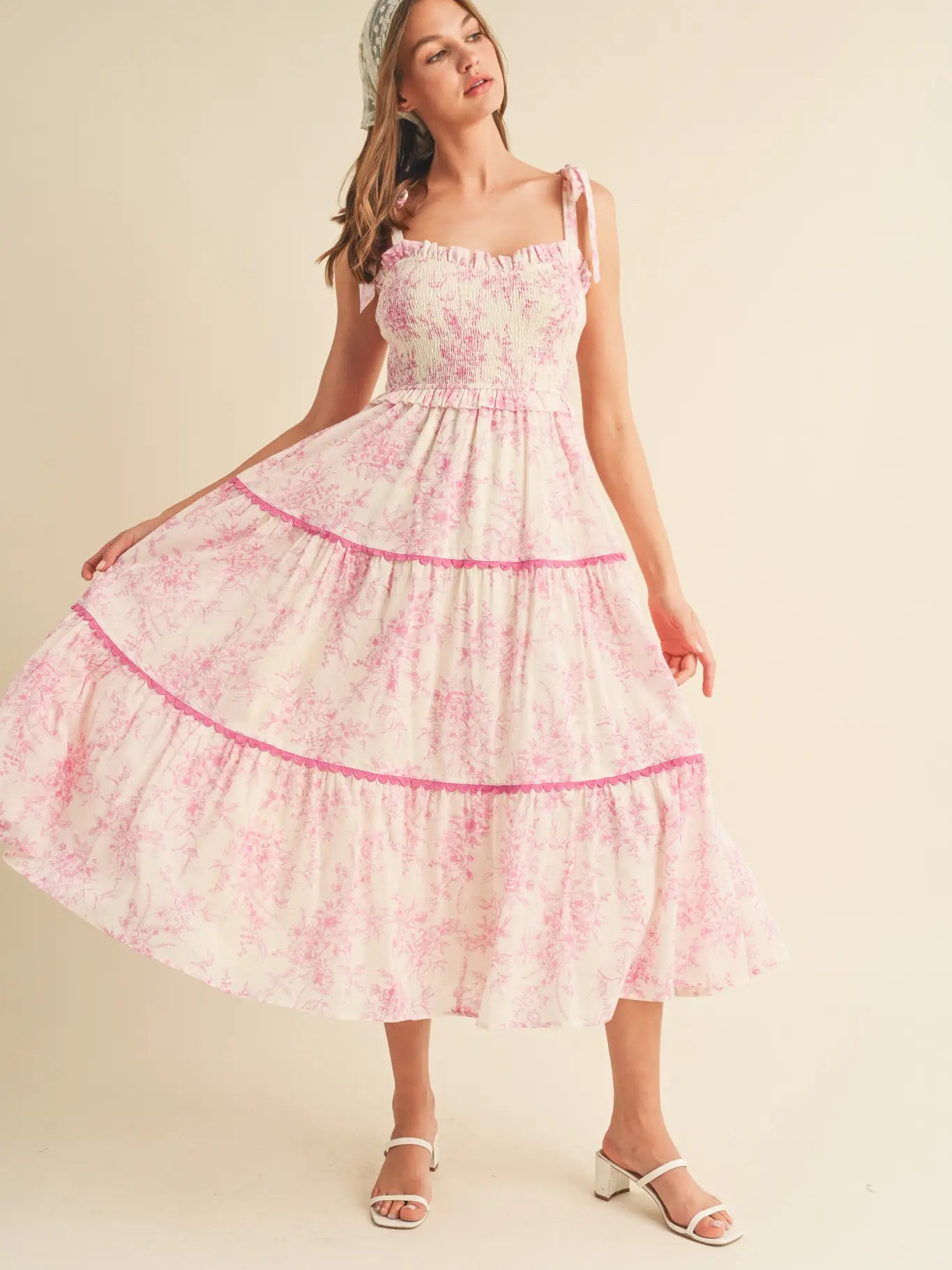 Tiered Lace Trim Floral Midi Dress