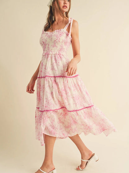 Tiered Lace Trim Floral Midi Dress