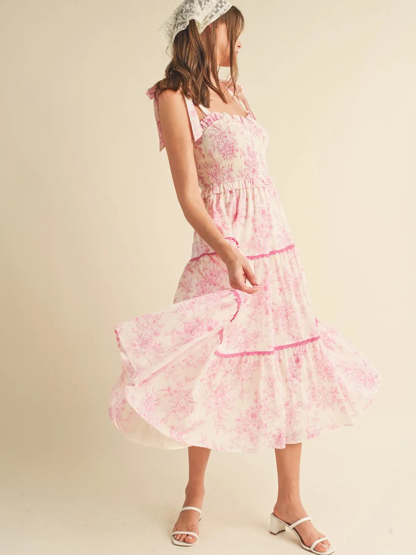 Tiered Lace Trim Floral Midi Dress