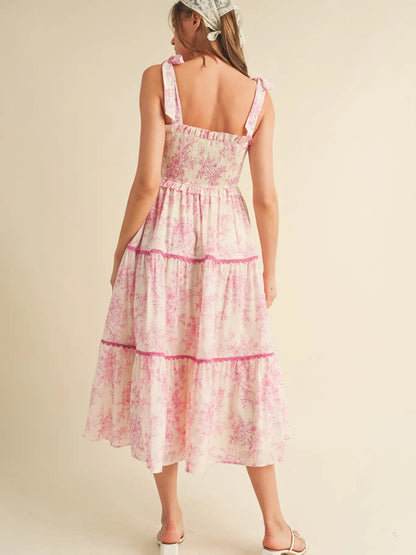 Tiered Lace Trim Floral Midi Dress