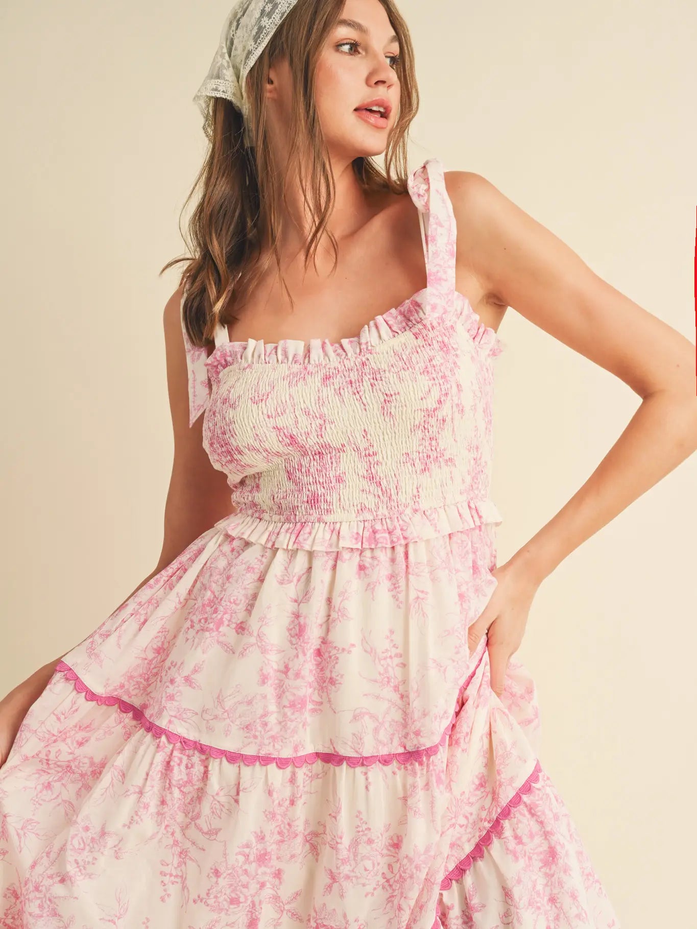 Tiered Lace Trim Floral Midi Dress