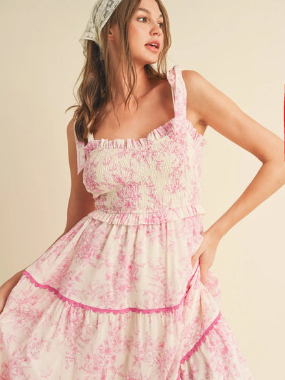Tiered Lace Trim Floral Midi Dress