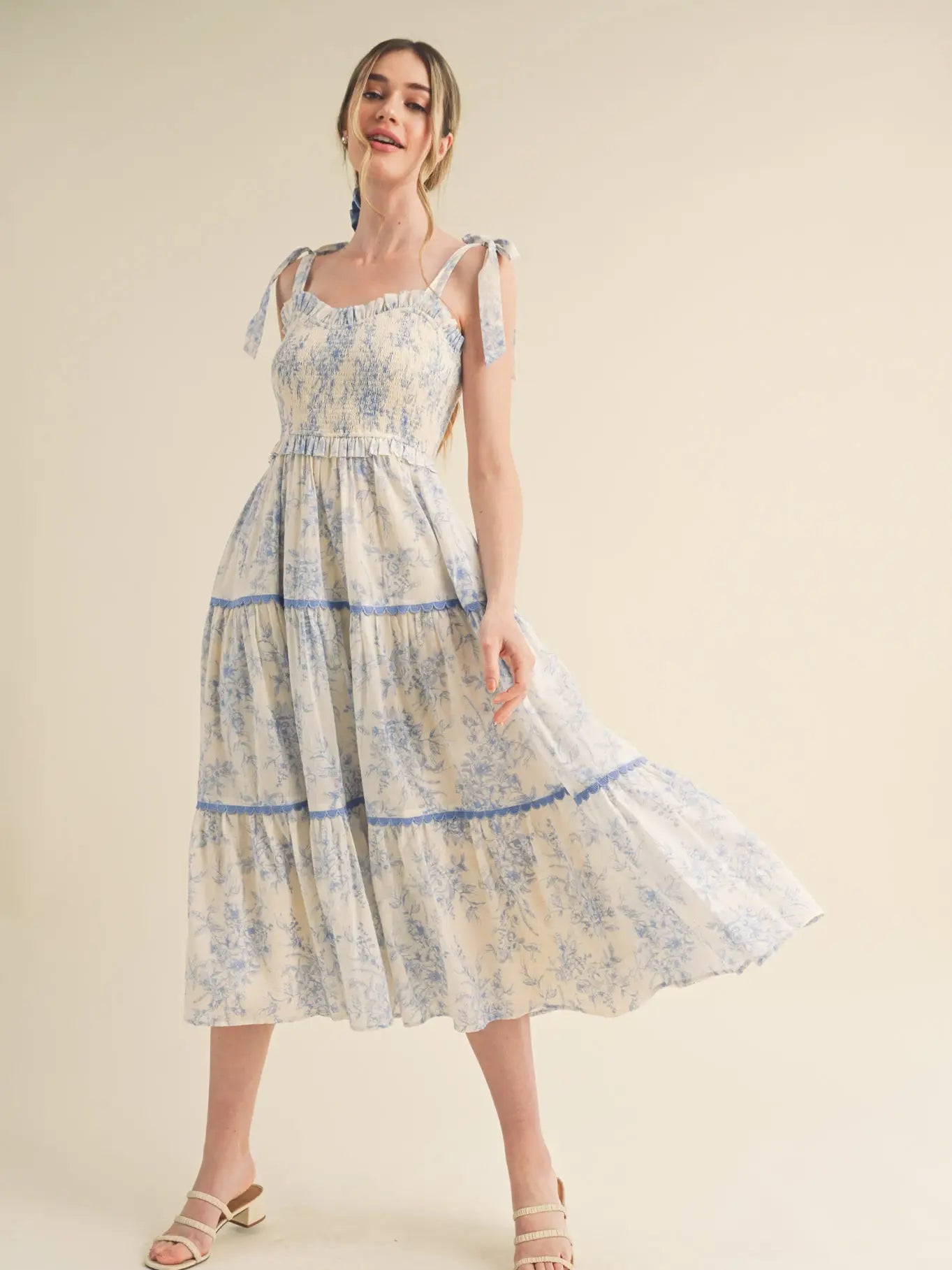 Tiered Lace Trim Floral Midi Dress