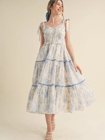 Tiered Lace Trim Floral Midi Dress