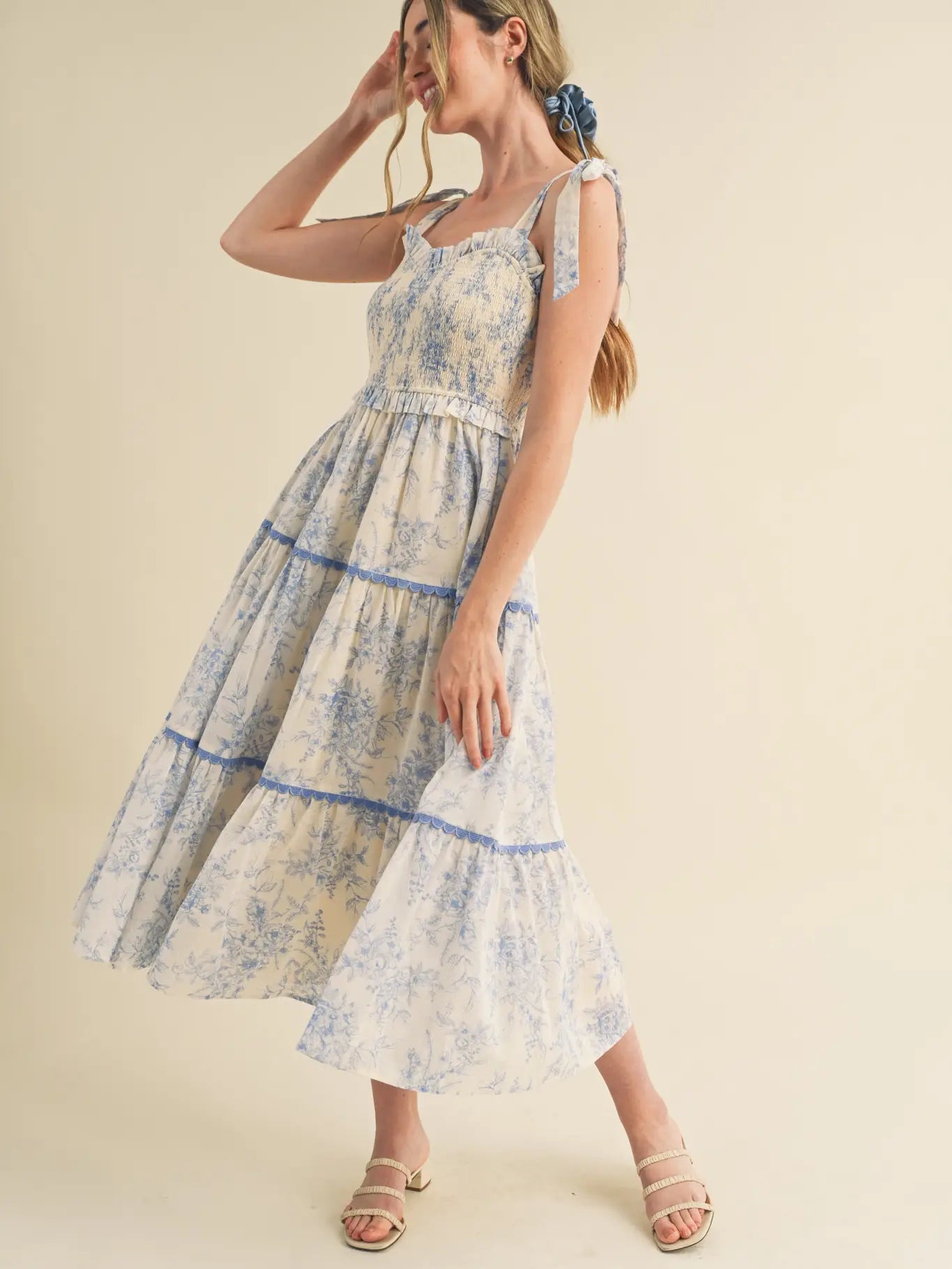 Tiered Lace Trim Floral Midi Dress