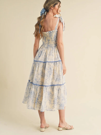 Tiered Lace Trim Floral Midi Dress