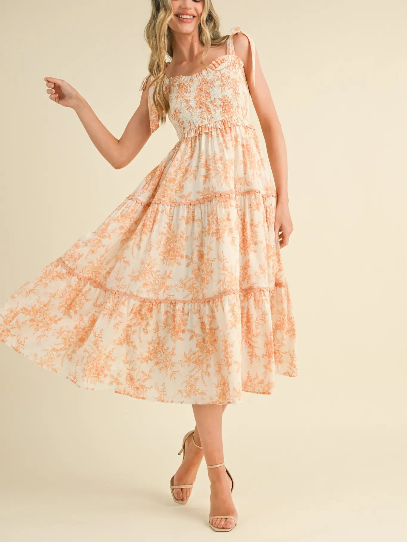 Tiered Lace Trim Floral Midi Dress