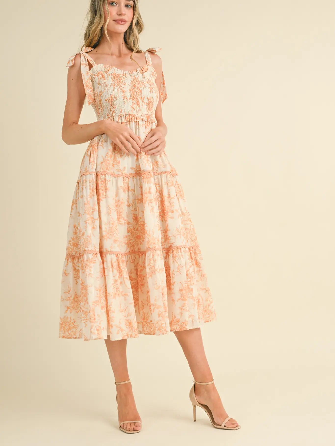 Tiered Lace Trim Floral Midi Dress