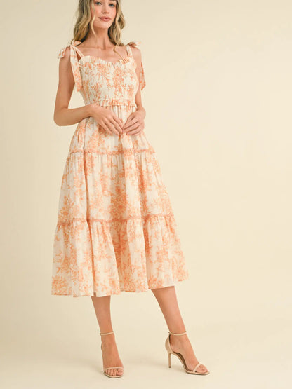 Tiered Lace Trim Floral Midi Dress