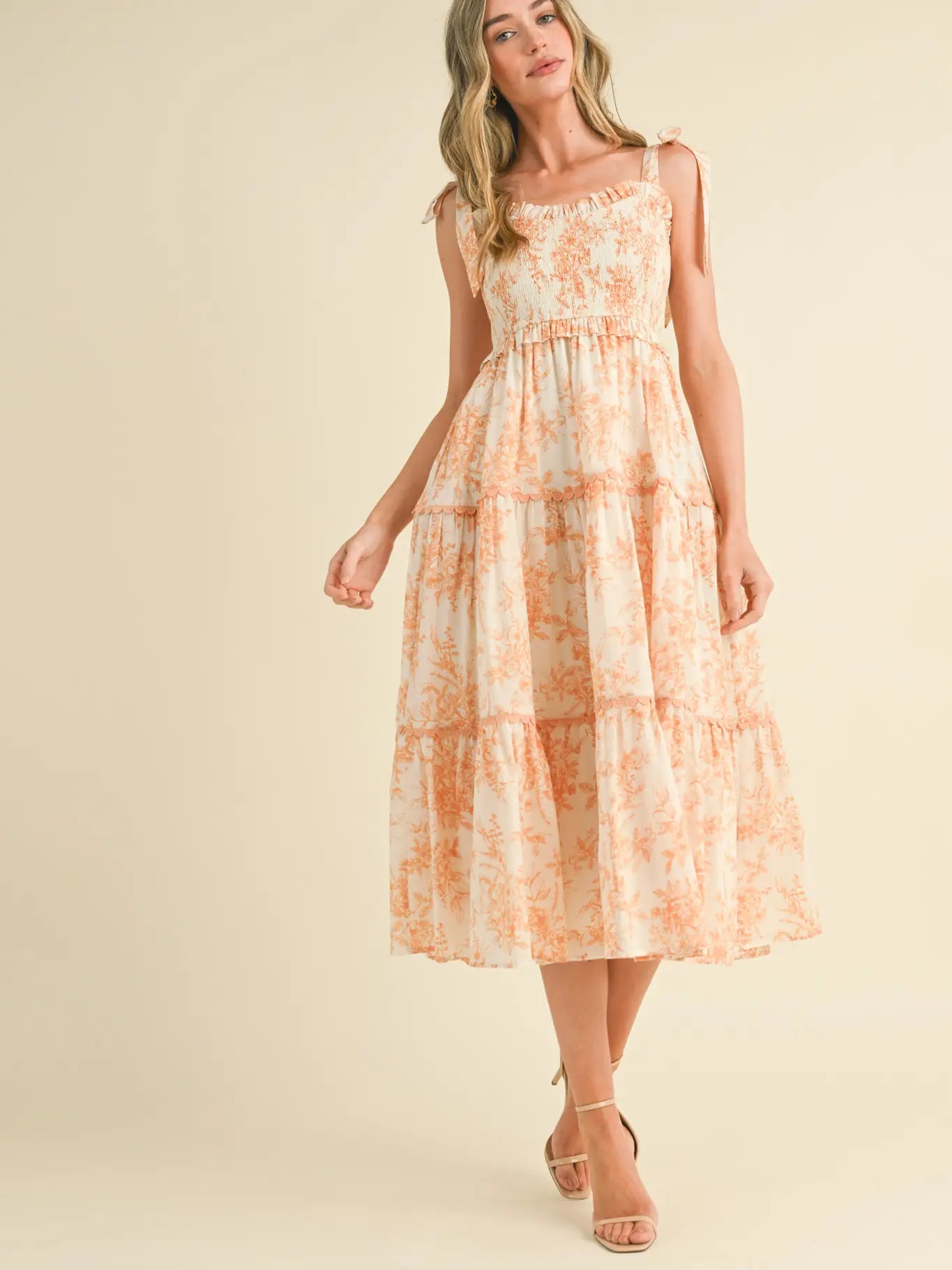 Tiered Lace Trim Floral Midi Dress