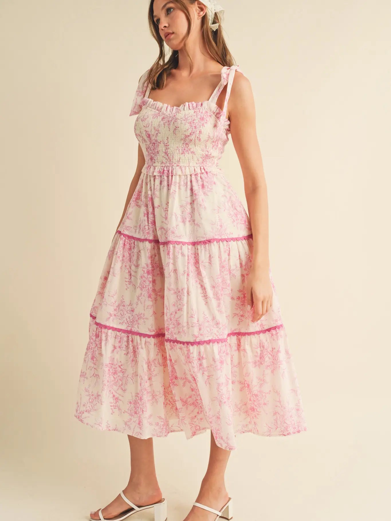 Tiered Lace Trim Floral Midi Dress